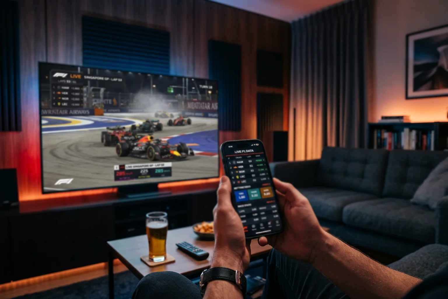 Spannendes Live-Wetten Szenario: Person hält Smartphone mit Live-Quoten während ein F1-Rennen auf dem Fernseher läuft