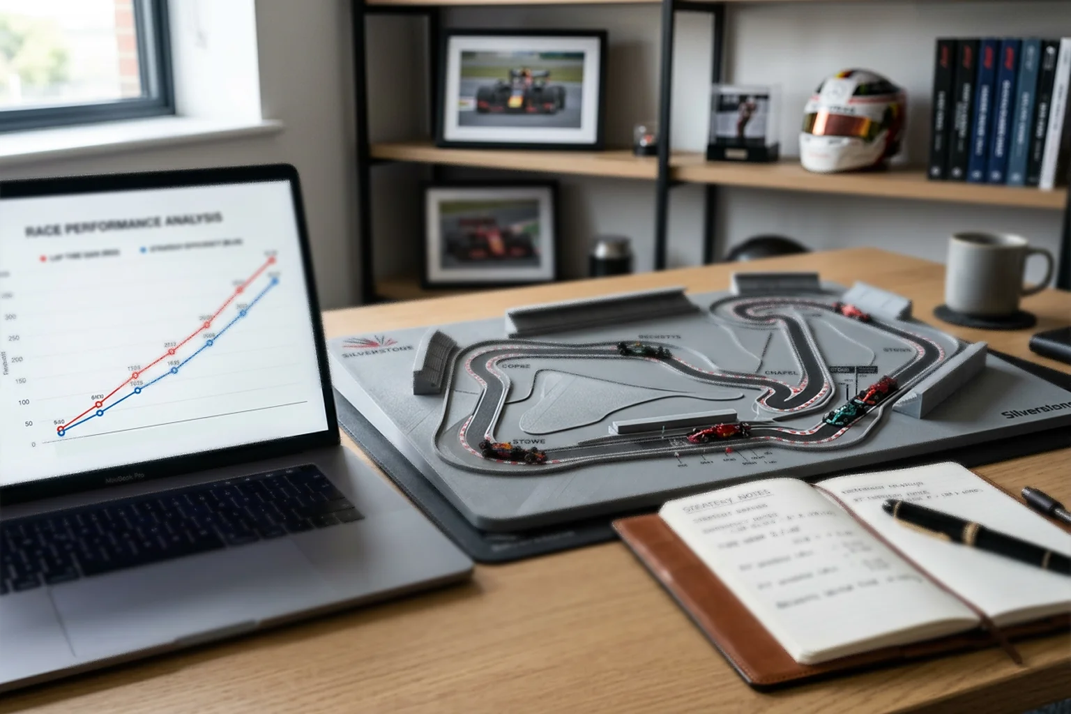 Professioneller Arbeitsplatz mit Silverstone-Streckenmodell, Laptop mit Performance-Charts und strategischen Notizen für F1-Analyse