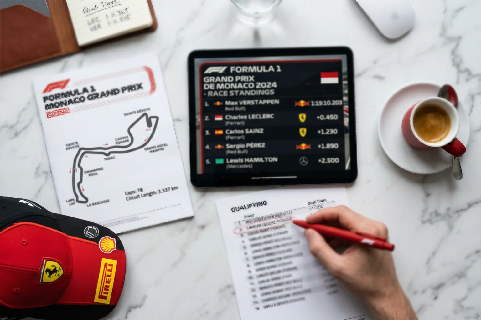 Elegantes Flat-Lay mit Tablet, Rennprogramm und Monaco-Streckenkarte für die Analyse verschiedener F1-Wettarten