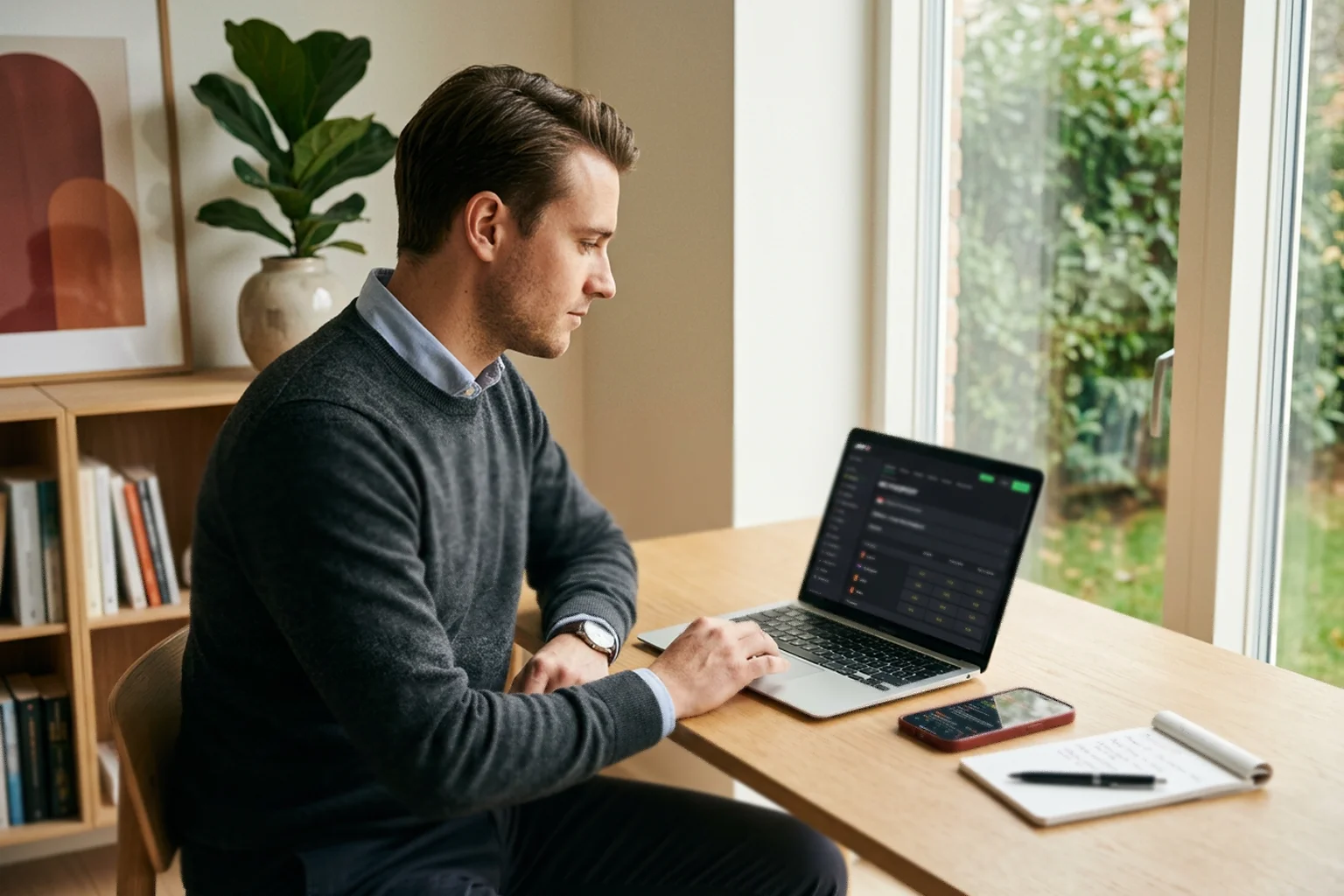 Junger Mann im Home-Office analysiert F1-Wettquoten auf seinem Laptop mit Smartphone und Notizblock auf dem Schreibtisch