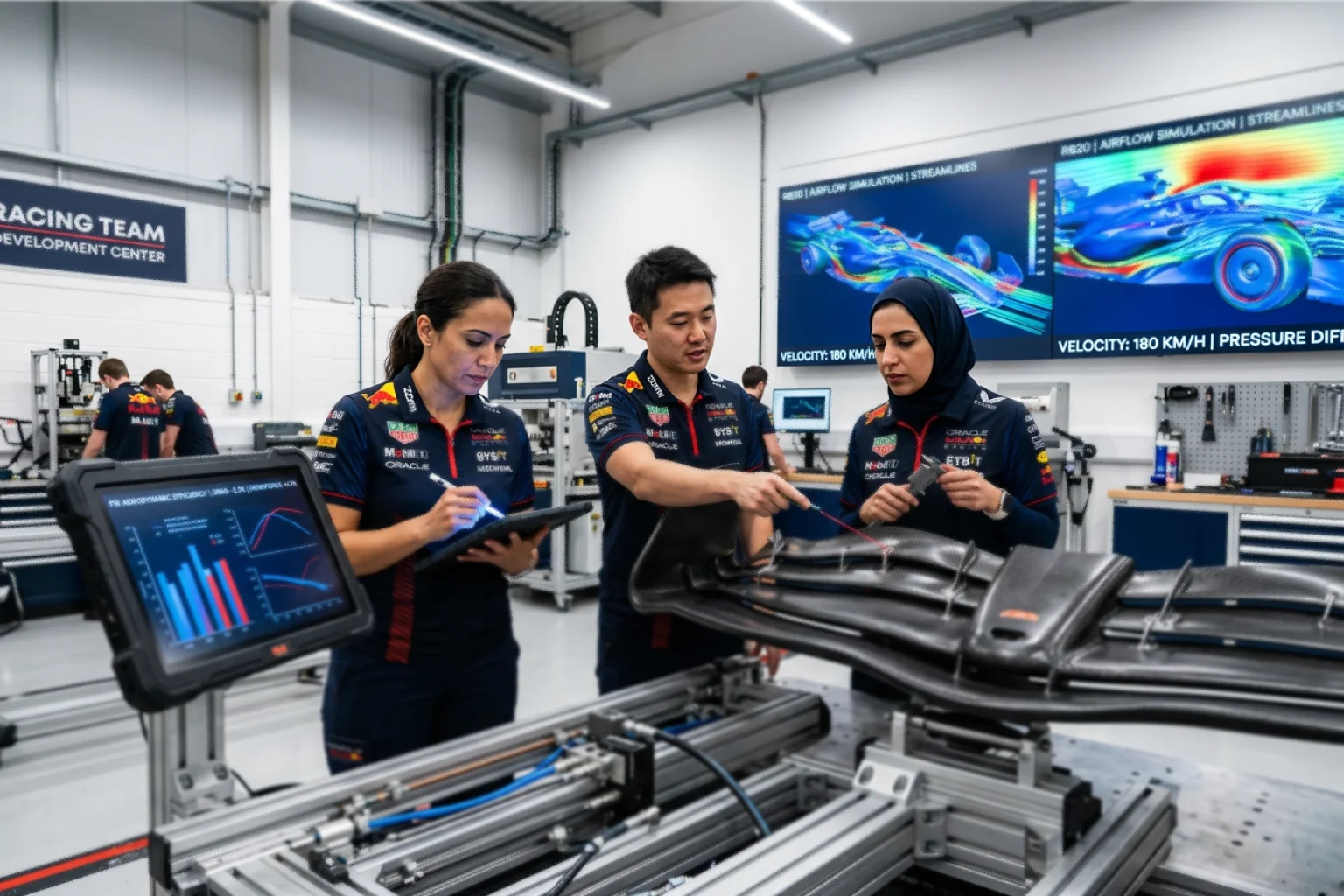 Formel 1 Ingenieure analysieren Aerodynamik-Komponenten im Entwicklungszentrum