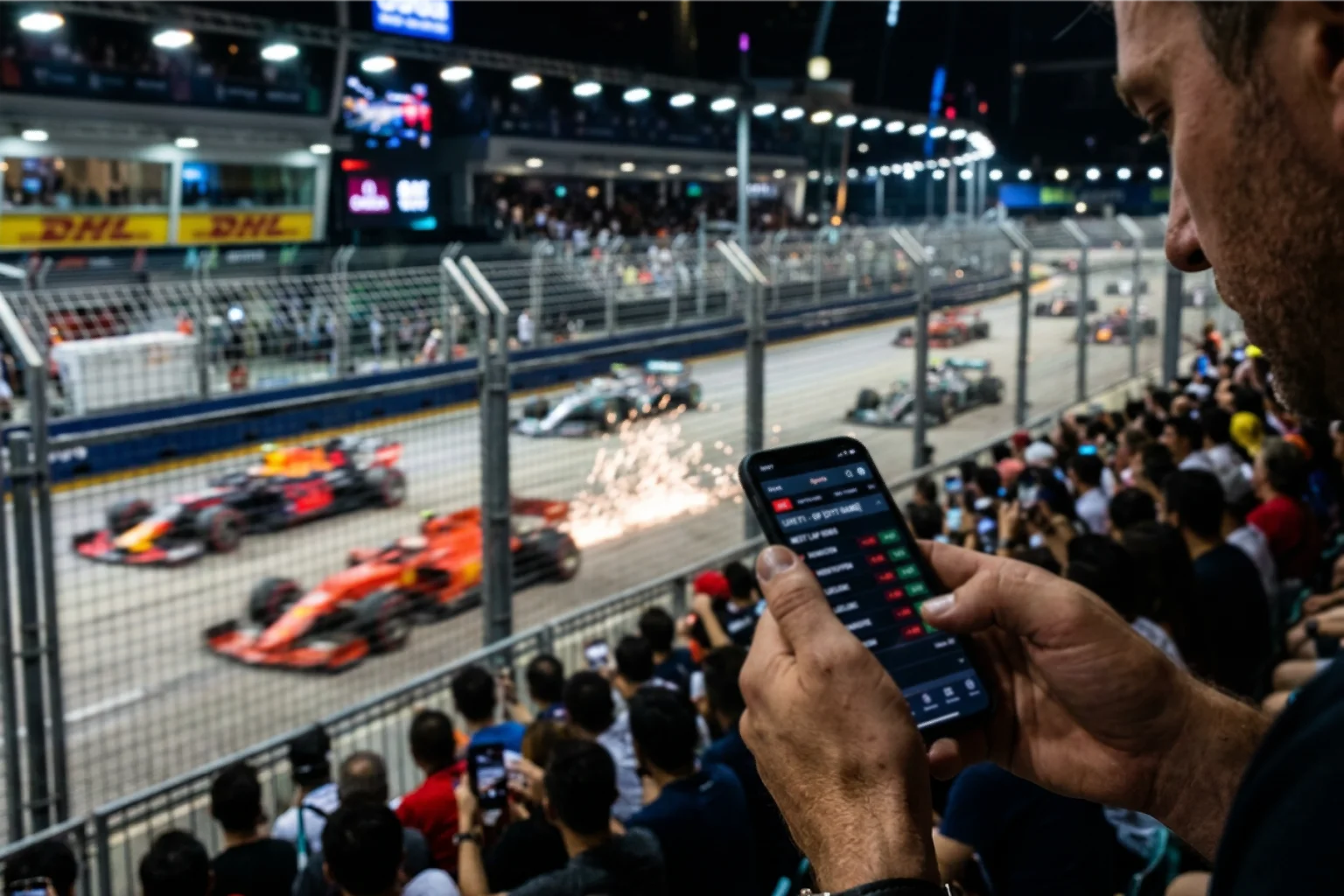 Live-Wetten auf Formel 1 Rennen mit Smartphone und rasenden Boliden im Hintergrund