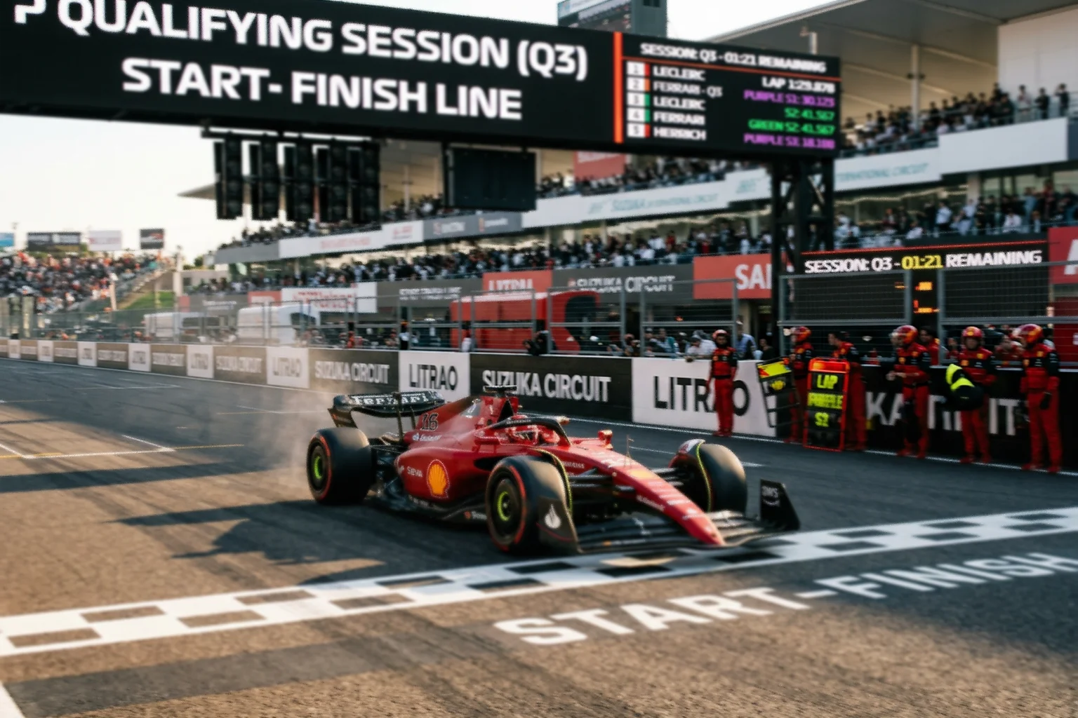 Formel 1 Auto überquert die Ziellinie während der Qualifikation mit Zeitanzeige