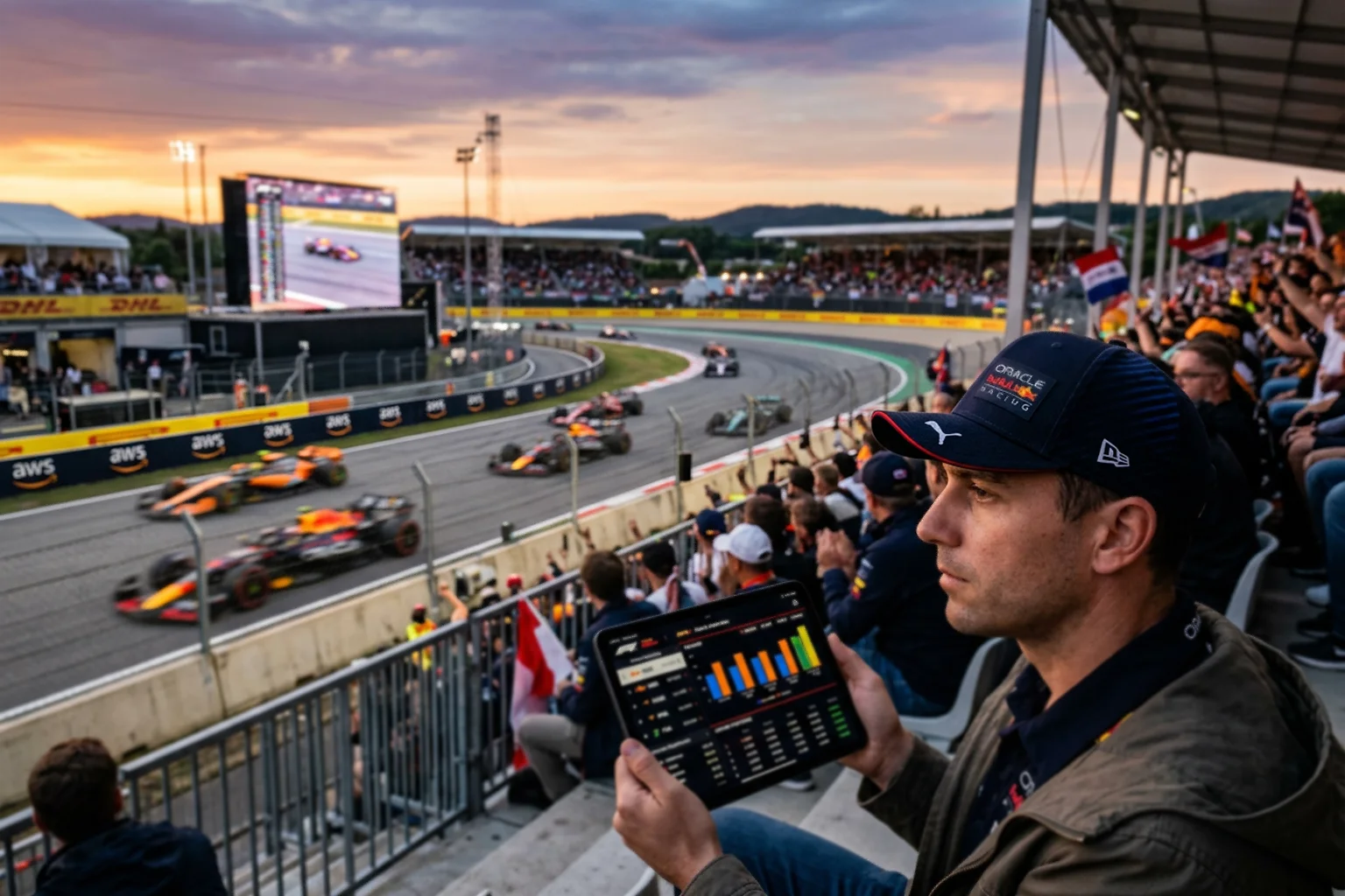 Formel 1 Rennen mit Datenanalyse auf Tablet bei Sonnenuntergang