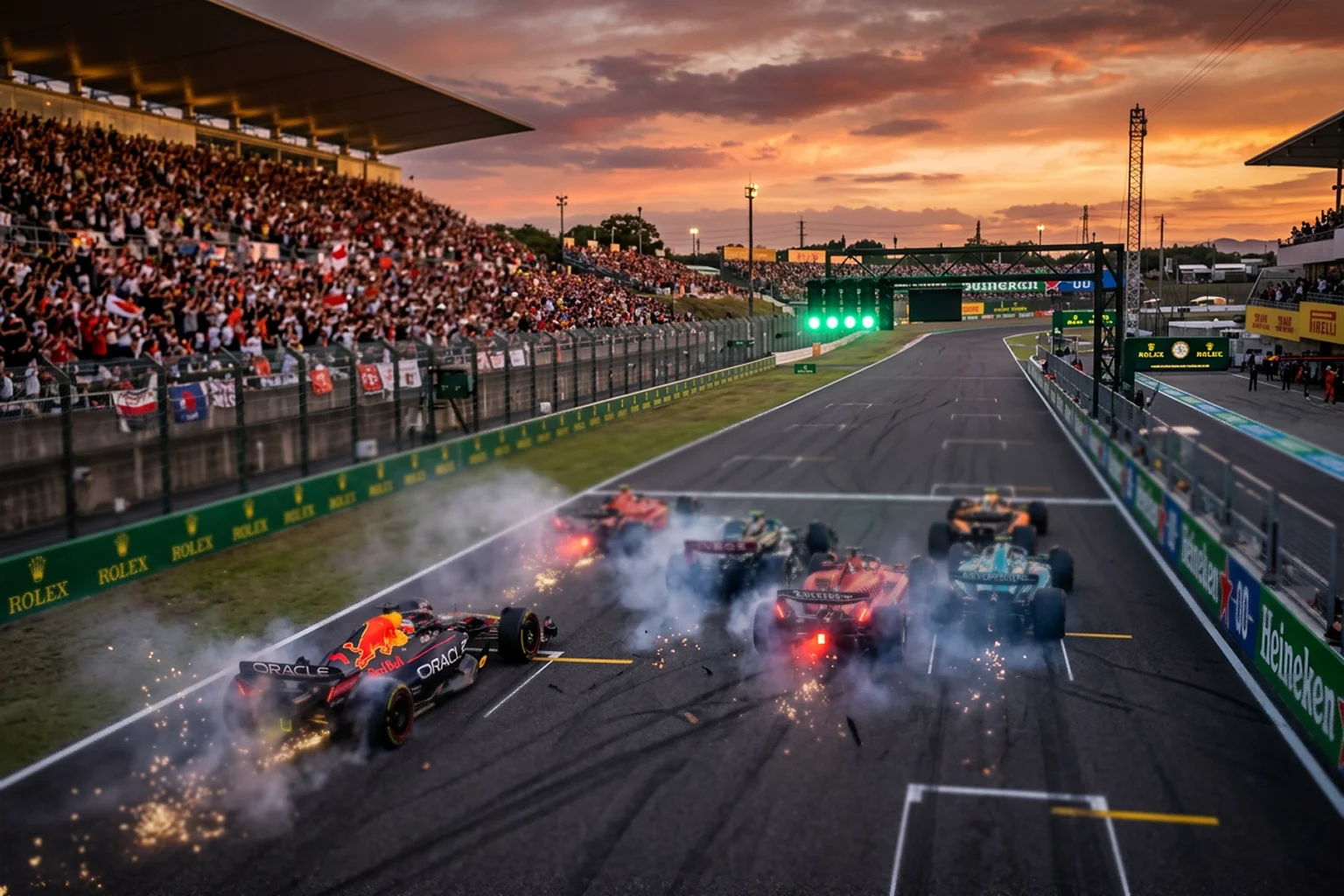 Dramatischer Start eines Formel 1 Rennens bei Sonnenuntergang mit fünf Boliden, die von der Startlinie losstürmen