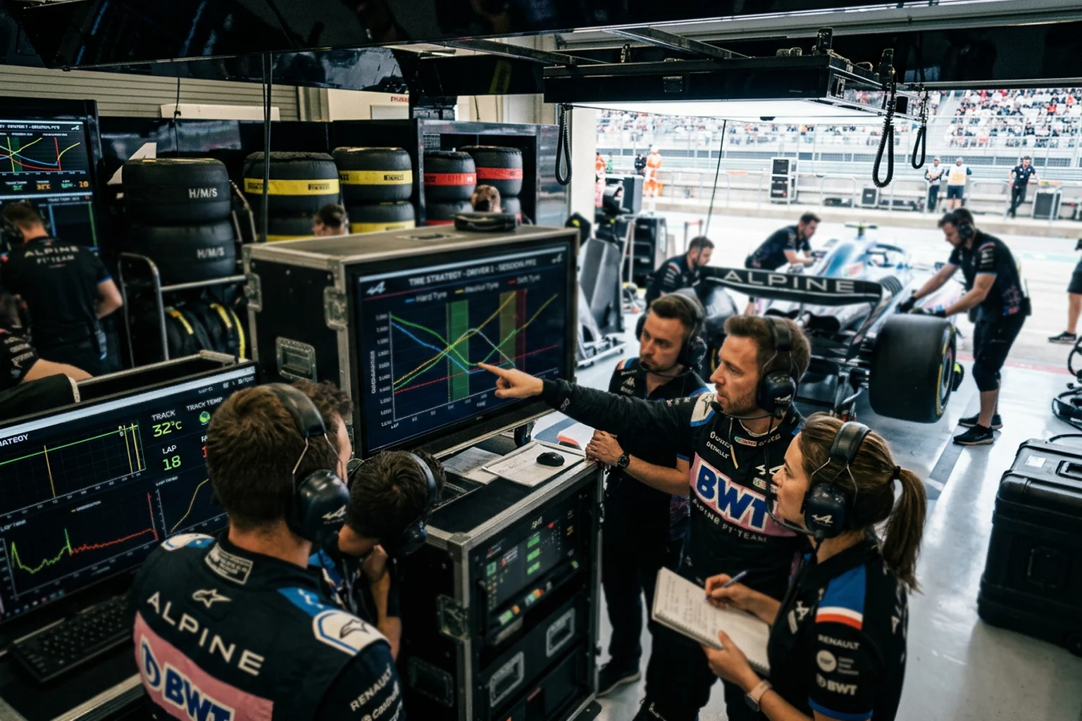 Formel 1 Ingenieure analysieren Telemetriedaten im Boxenbereich