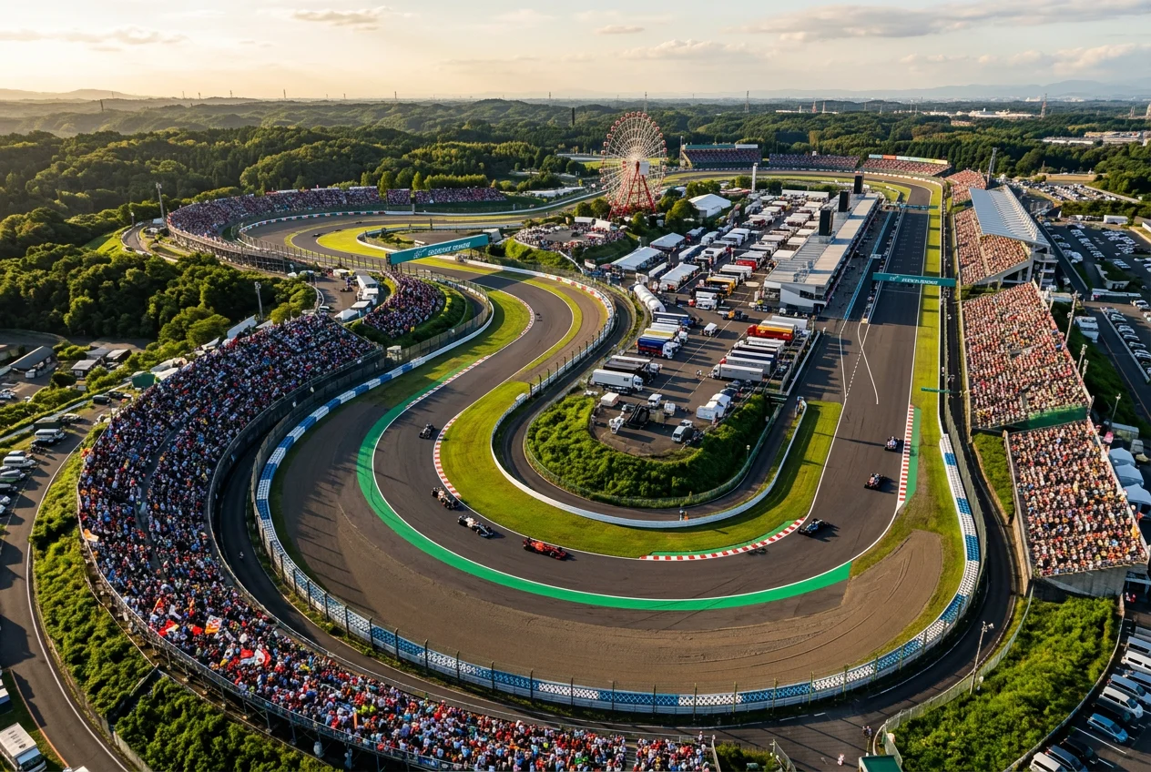 Formel 1 Rennstrecke aus der Luftperspektive mit Autos auf der Strecke