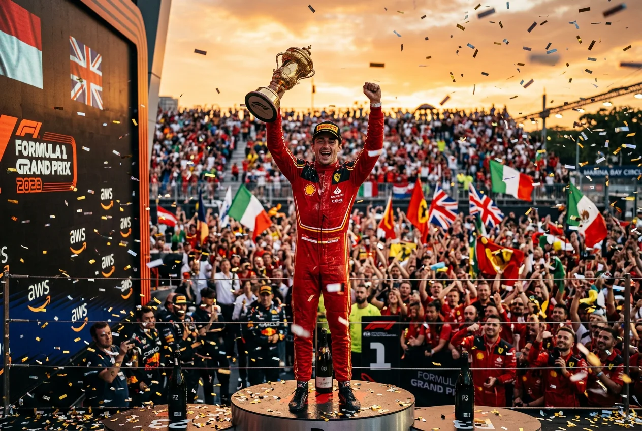 Formel 1 Weltmeister feiert Triumph mit Pokal und Konfetti