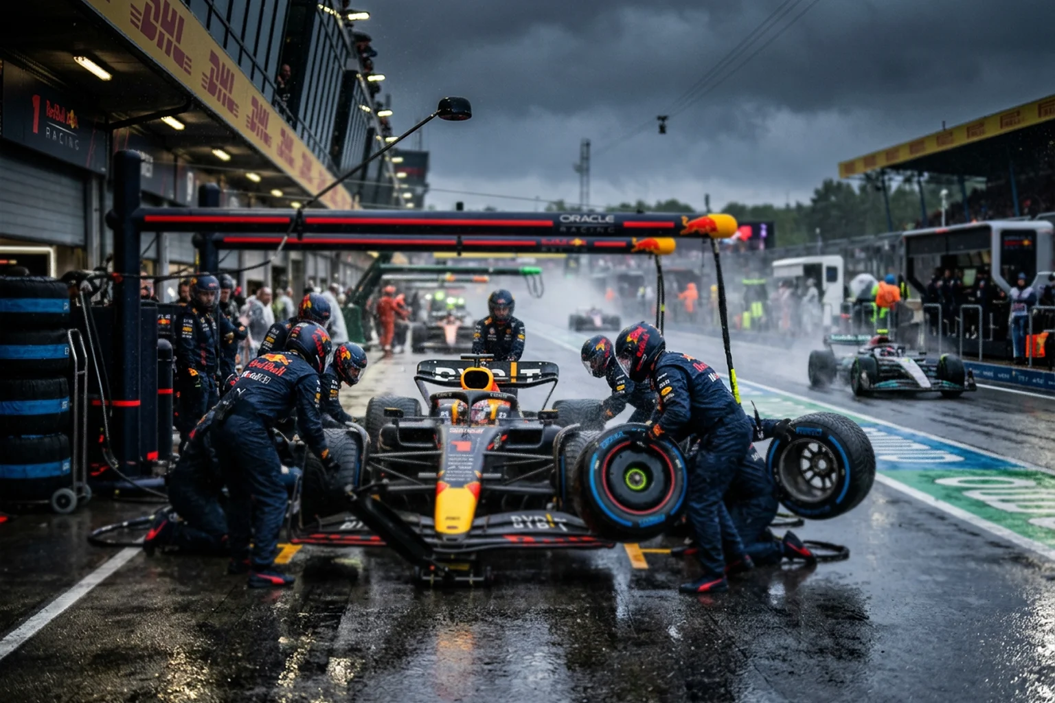 Formel 1 Boxenstopp Reifenwechsel bei Regenbedingungen