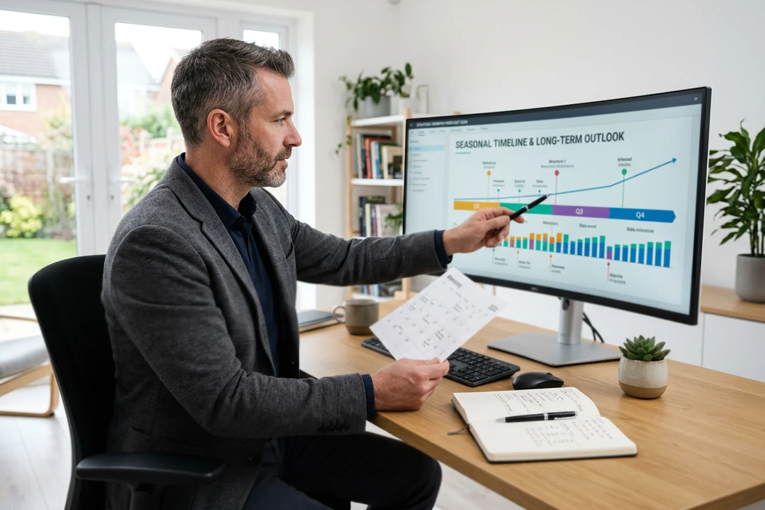 Analyst plant Langzeit-Wettstrategie am Bildschirm mit Saisonzeitplan