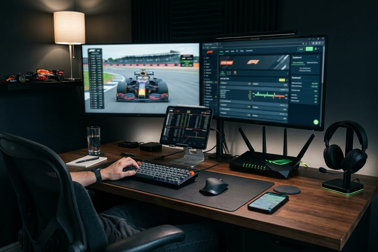 Professionelles Multi-Monitor-Setup für Formel 1 Live-Wetten
