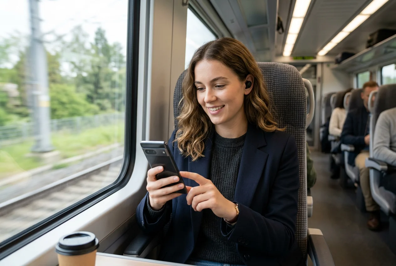 Person nutzt Wetten-App auf Smartphone unterwegs im Zug
