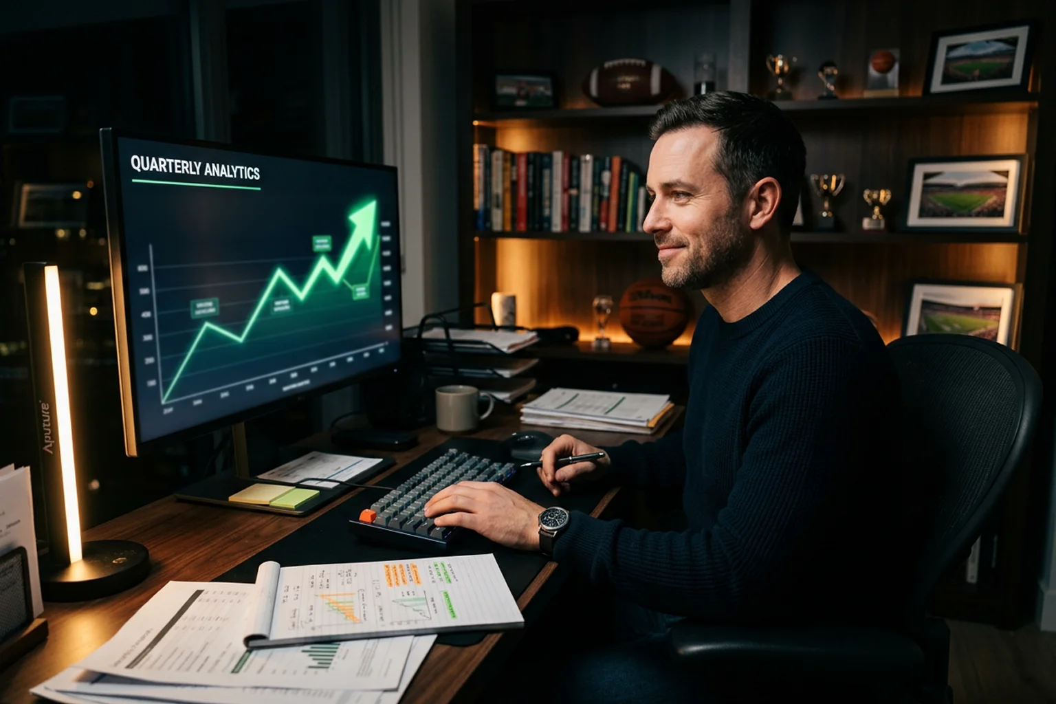 Analyst feiert erfolgreiche Value Betting Strategie am Bildschirm