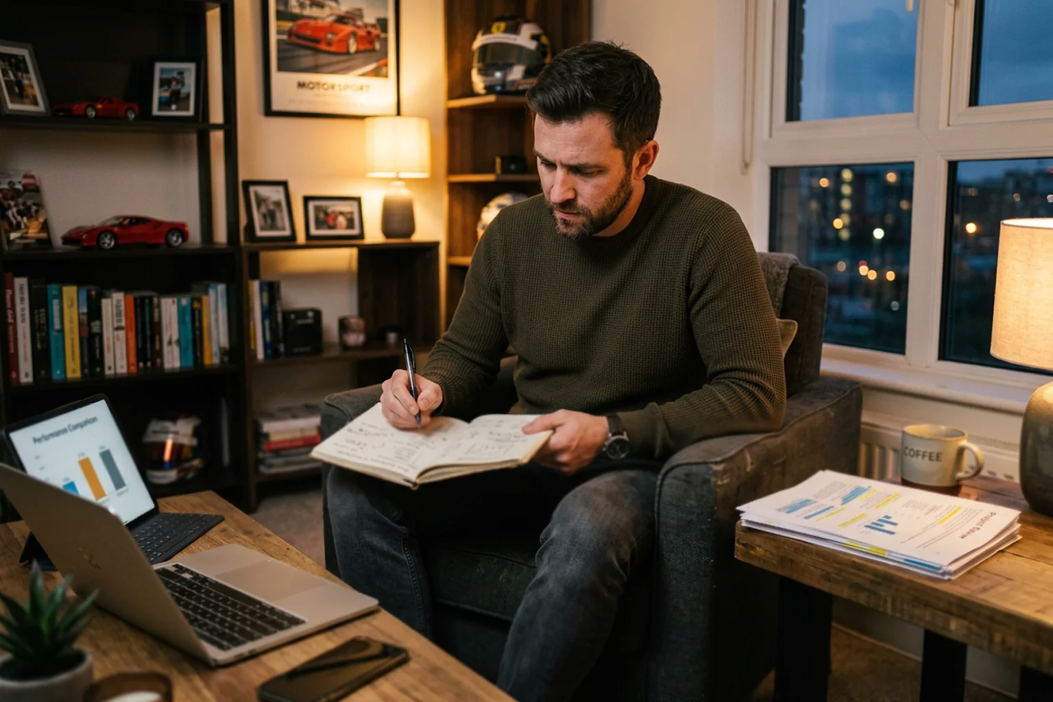 Mann analysiert Wettentscheidungen mit Notizbuch und Laptop