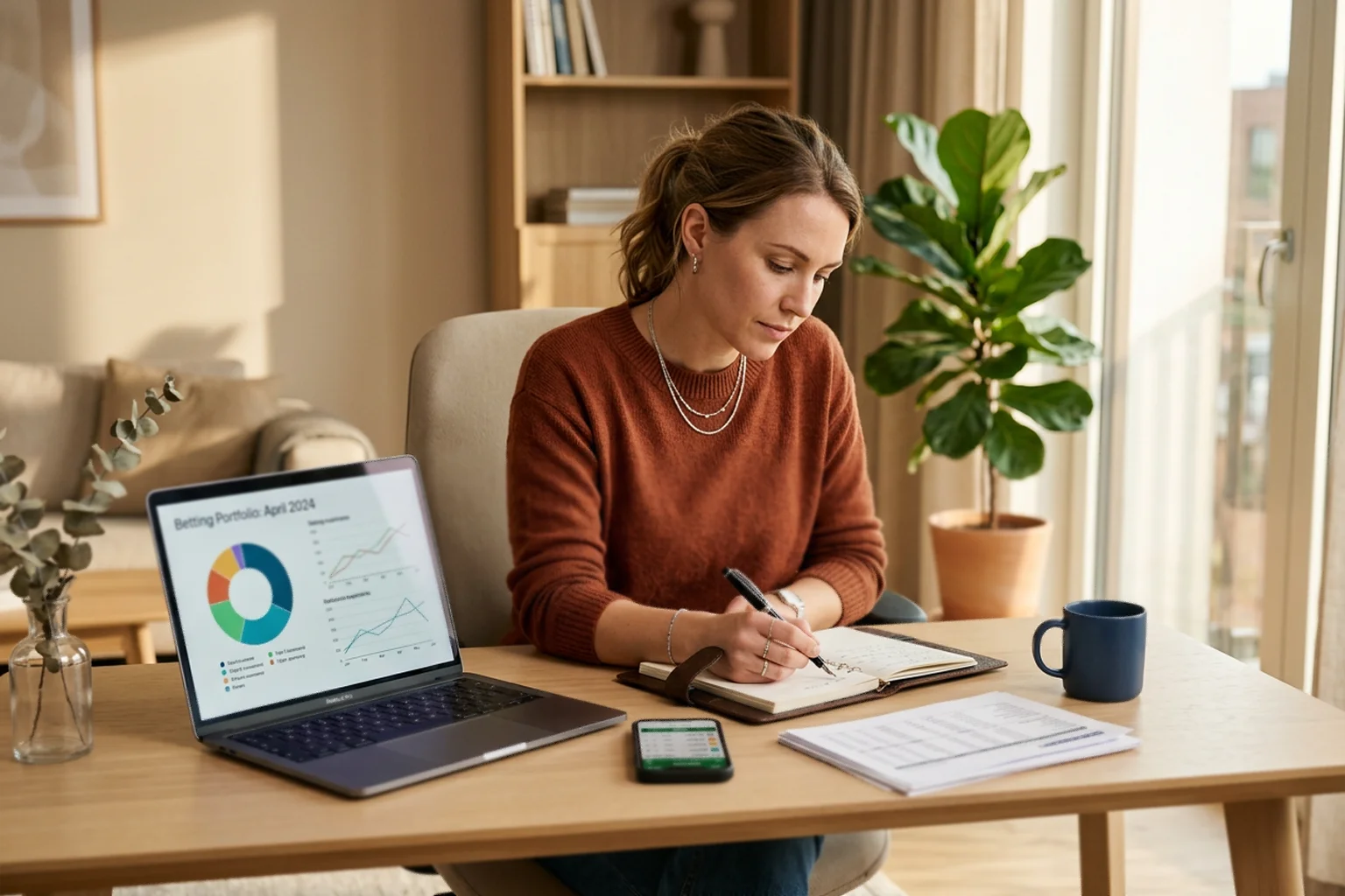 Frau plant Wetten-Portfolio-Strategie mit Laptop und Notizbuch