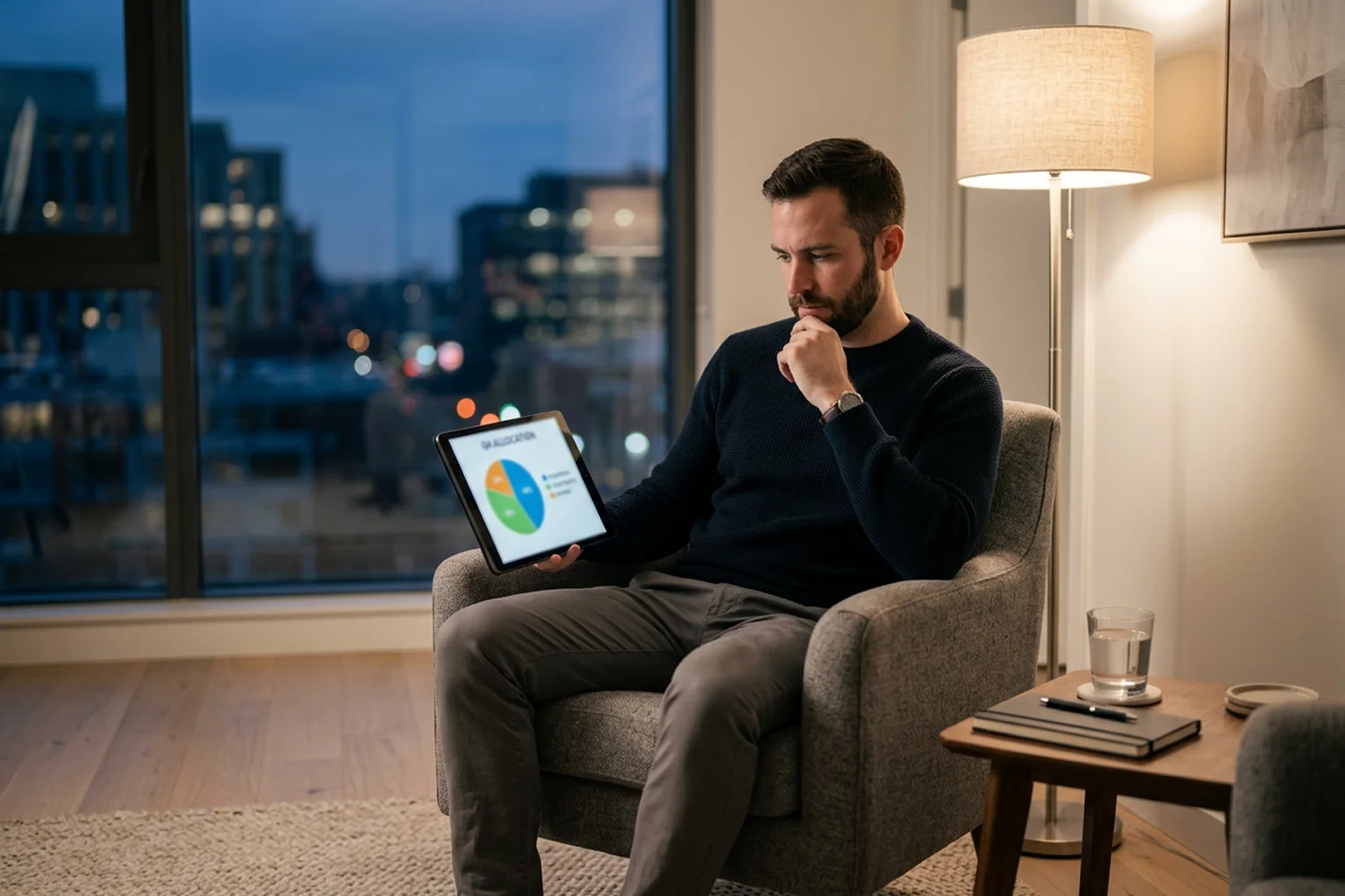 Mann trifft durchdachte Wettentscheidung mit Tablet und Diagramm